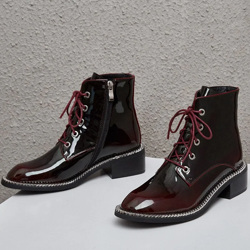Punk Genuine Leather Boots Women chain Square Heels Autumn Winter Ankle Boots Sexy Shoes Woman Motorcycle Boots size 41 42 43