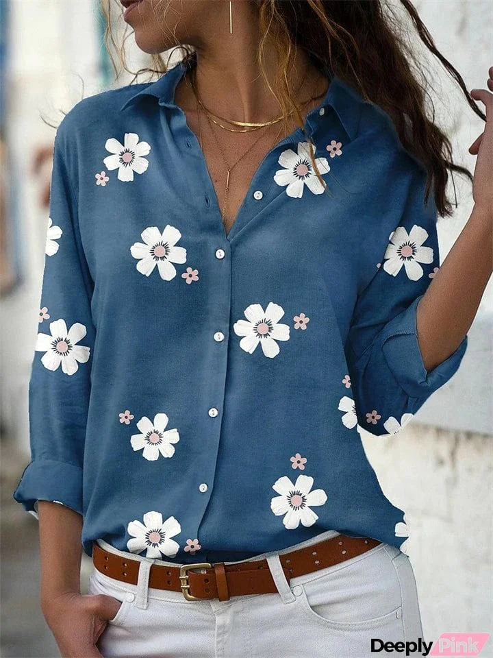 Lovely Daisy Floral Print Lapel Button Long Sleeve Women Shirts