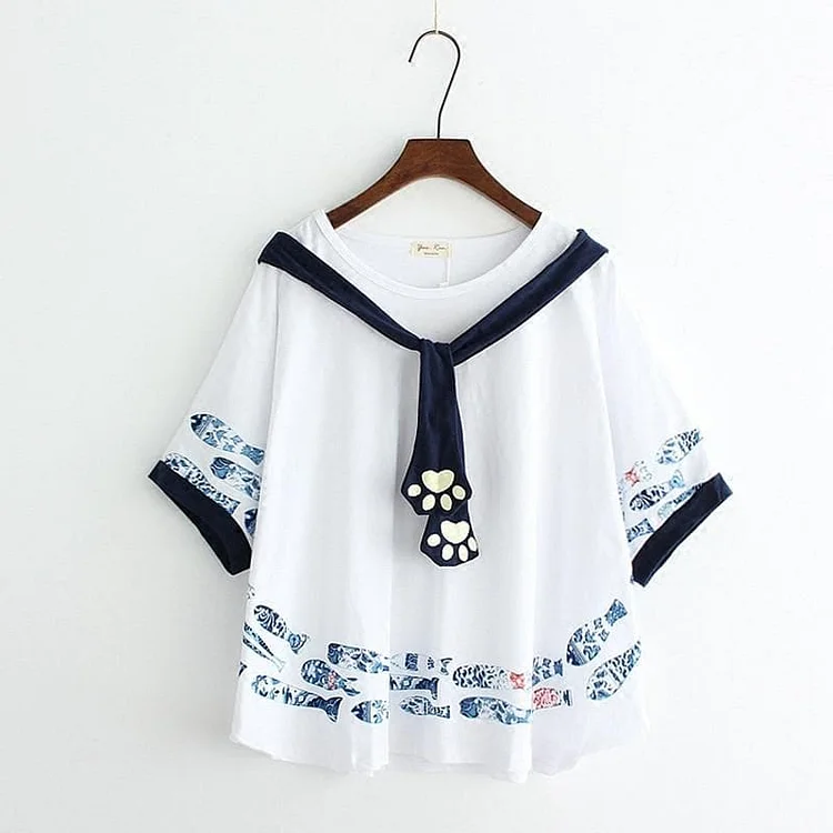 White/Beige Kawaii Harajuku Fish Kitty Paw Top SP1710298