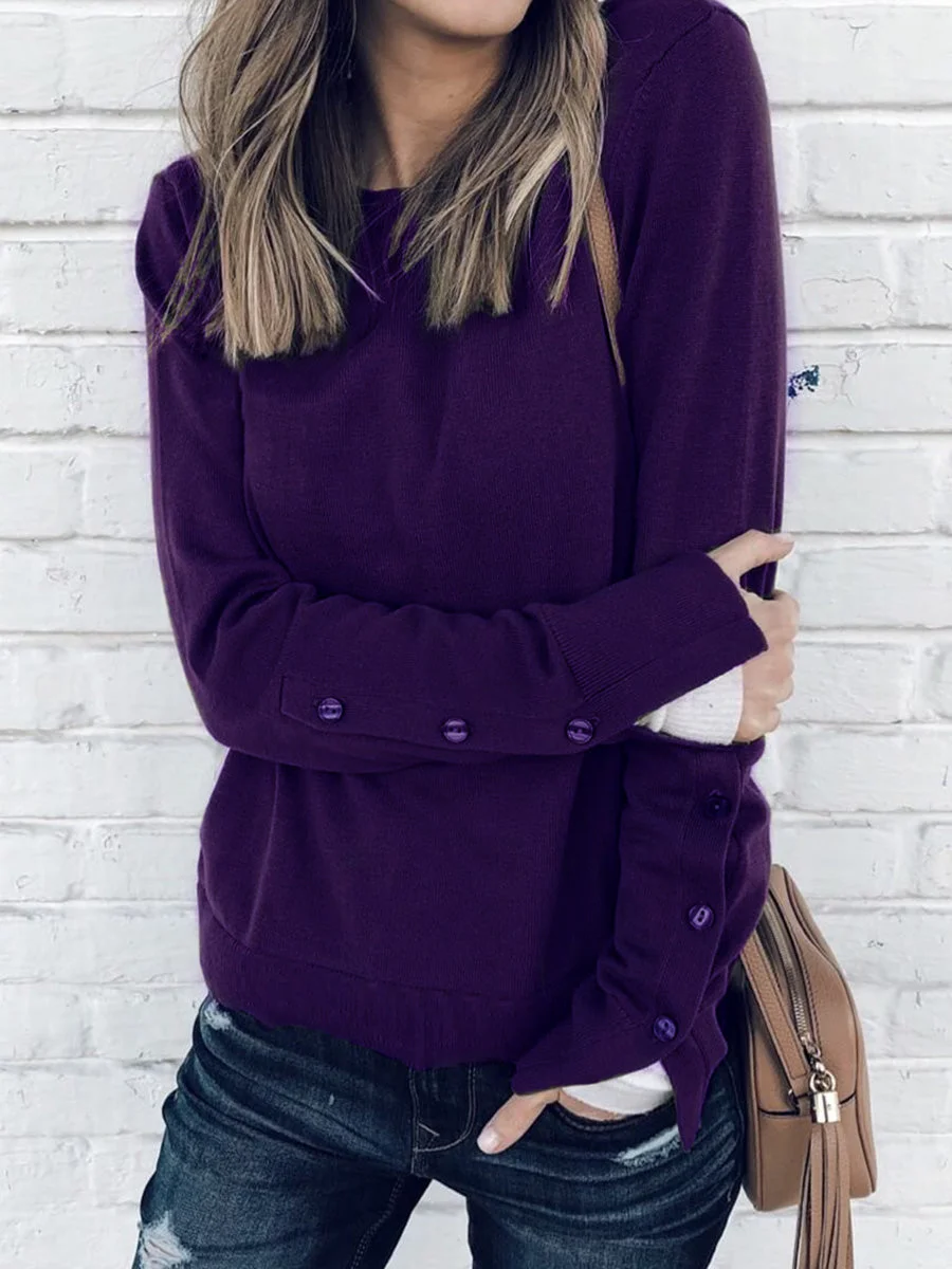 Round Neck Buttons Cuff Solid Color Sweatshirt