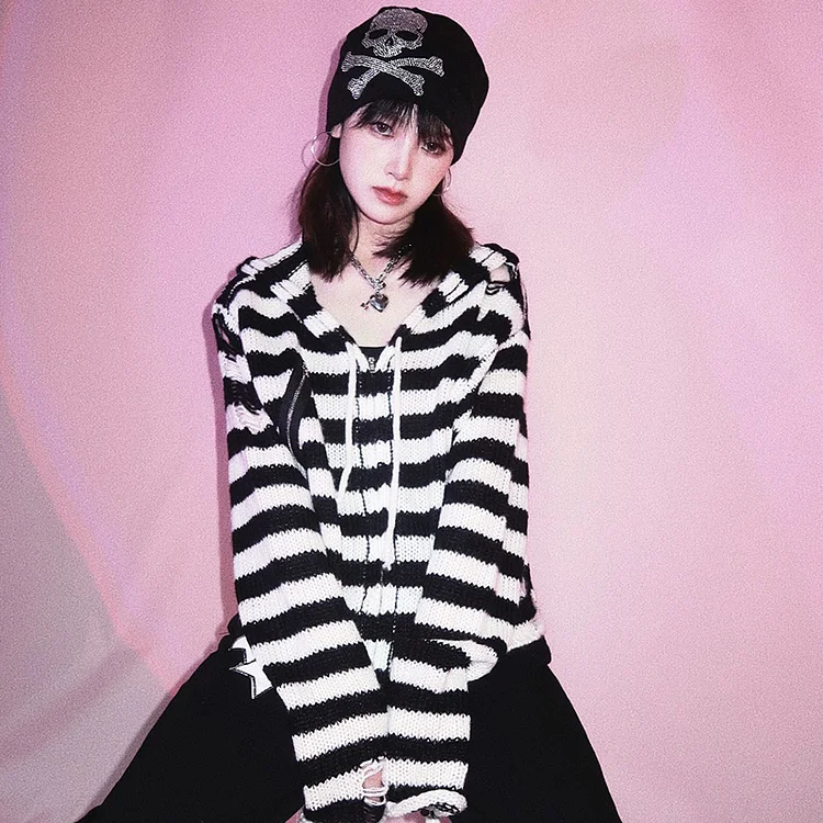 Harajuku Loose Hooded Striped Fake Zipper Decor Hollow Out Knitted Zip-up Cardigan