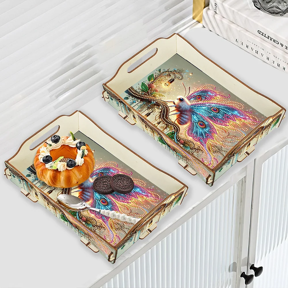 5D DIY Insect Diamond Painting Wooden Serving Tray with Handle for Coffee Table