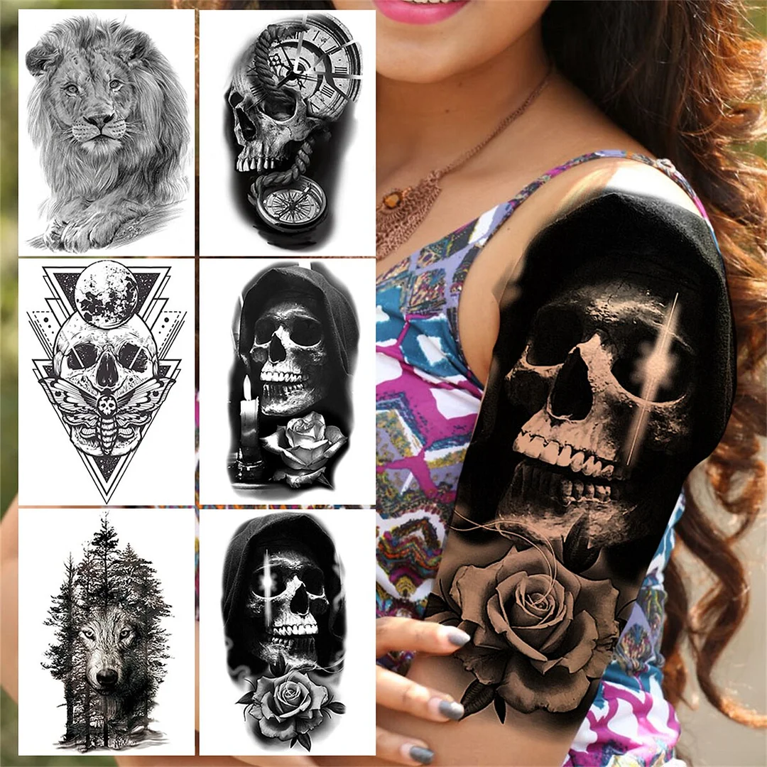 Flower Skeleton Temporary Tattoos For Women Men Adult Death Skull Tattoo Sticker Fake Lion Wolf Forest Black Evil Tatoos Armband