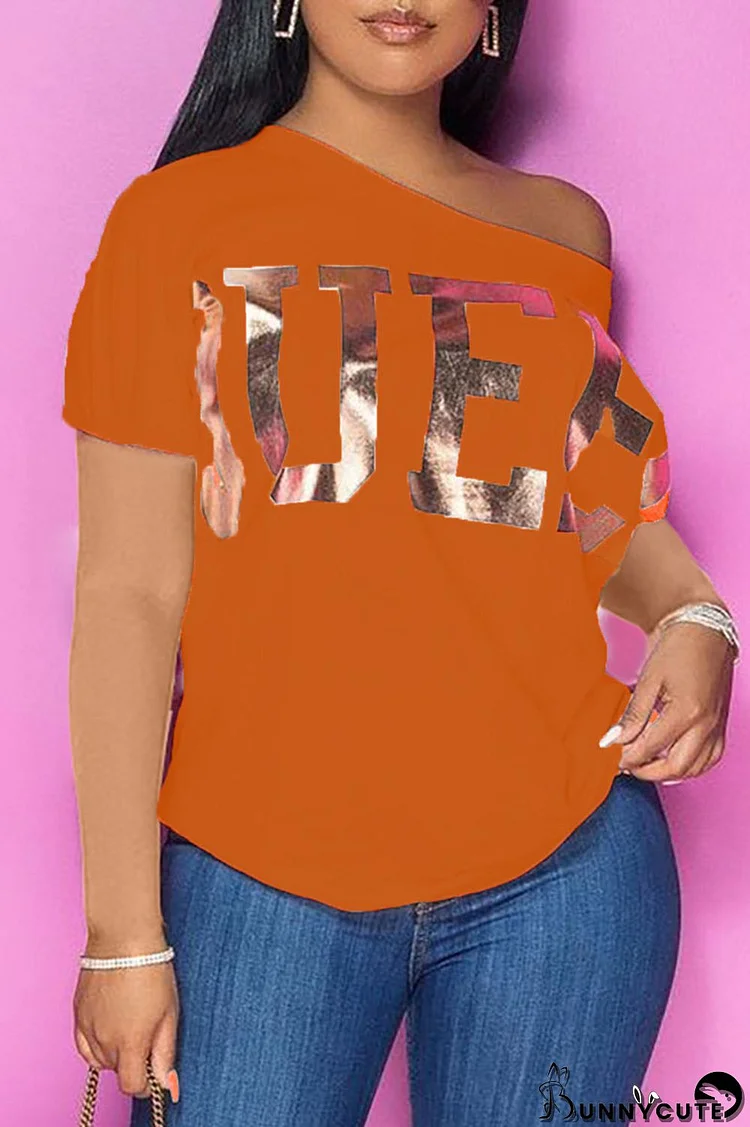 Tangerine Casual Bronzing Patchwork Oblique Collar T-Shirts