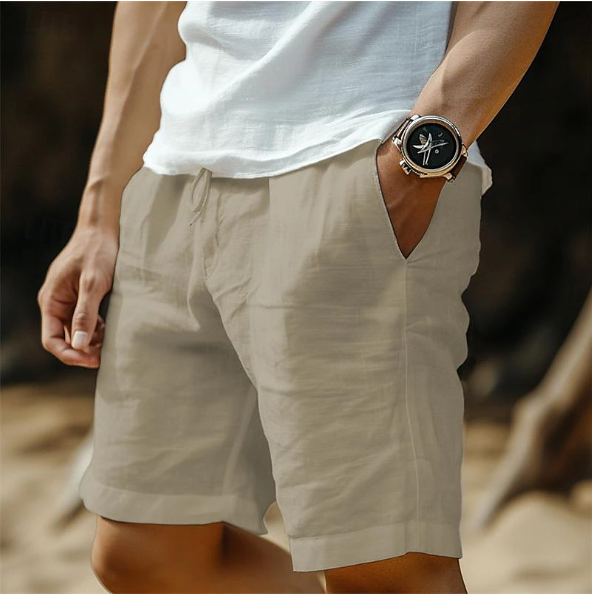 Men's Striped Drawstring Elastic Waist Cotton and Linen Beach Casual Shorts