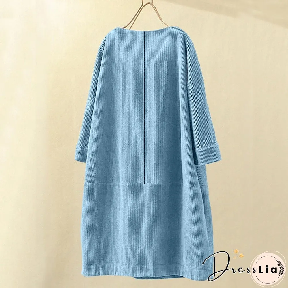 Pleated Long Sleeve Casual Solid Casualdress Linen