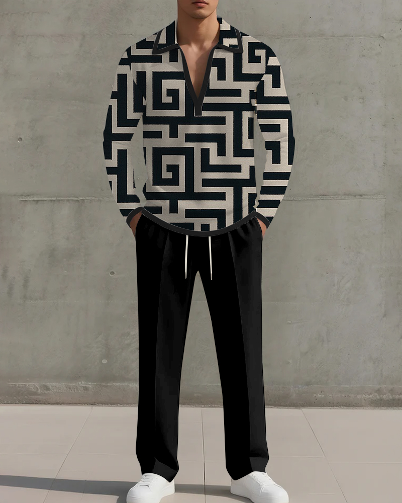 Men's Black Striped Geometric Print POLO V-neck Long Sleeve Trousers Two-piece Set