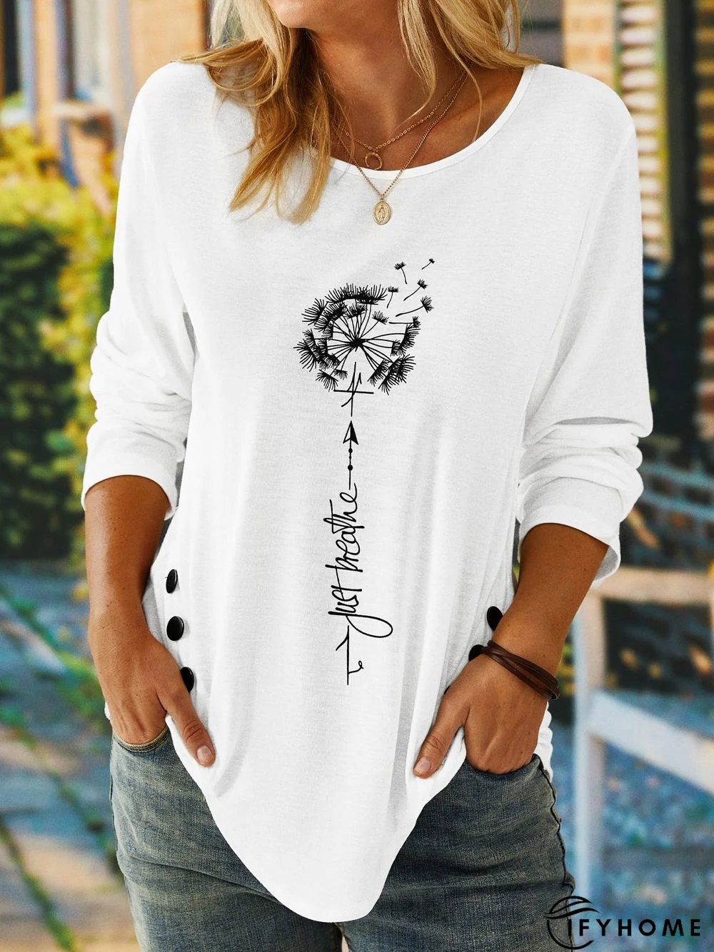 Casual Dandelion Long Sleeve Crew Neck Printed Tunic Top T-shirt | IFYHOME