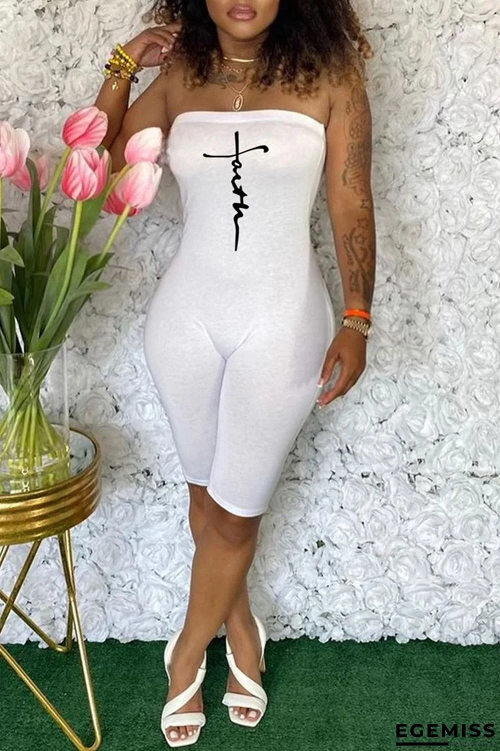 White Sexy Casual Print Backless Strapless Skinny Romper | EGEMISS