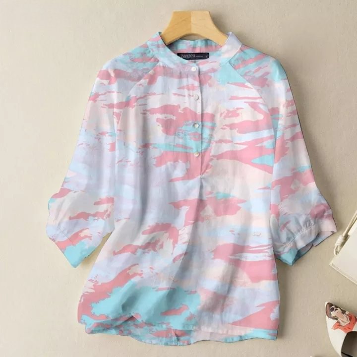 Colorful Casual Top Summer Stand Collar 3/4 Sleeve Shirt