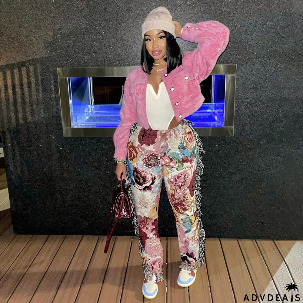 Casual Fashion Color Pattern Fringed Velvet Pants