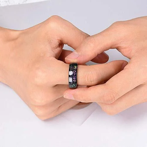 6MM 8MM Men's Or Women's Tungsten Carbide Wedding Matching Rings Black with Rainbow Fragments Inlay Domed