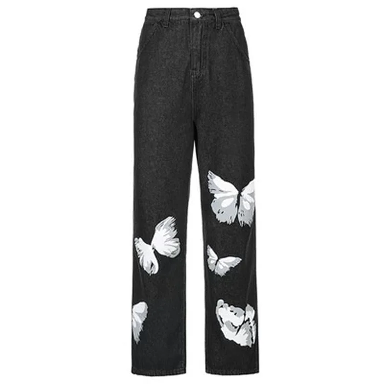 Butterfly Print Denim Street Pants