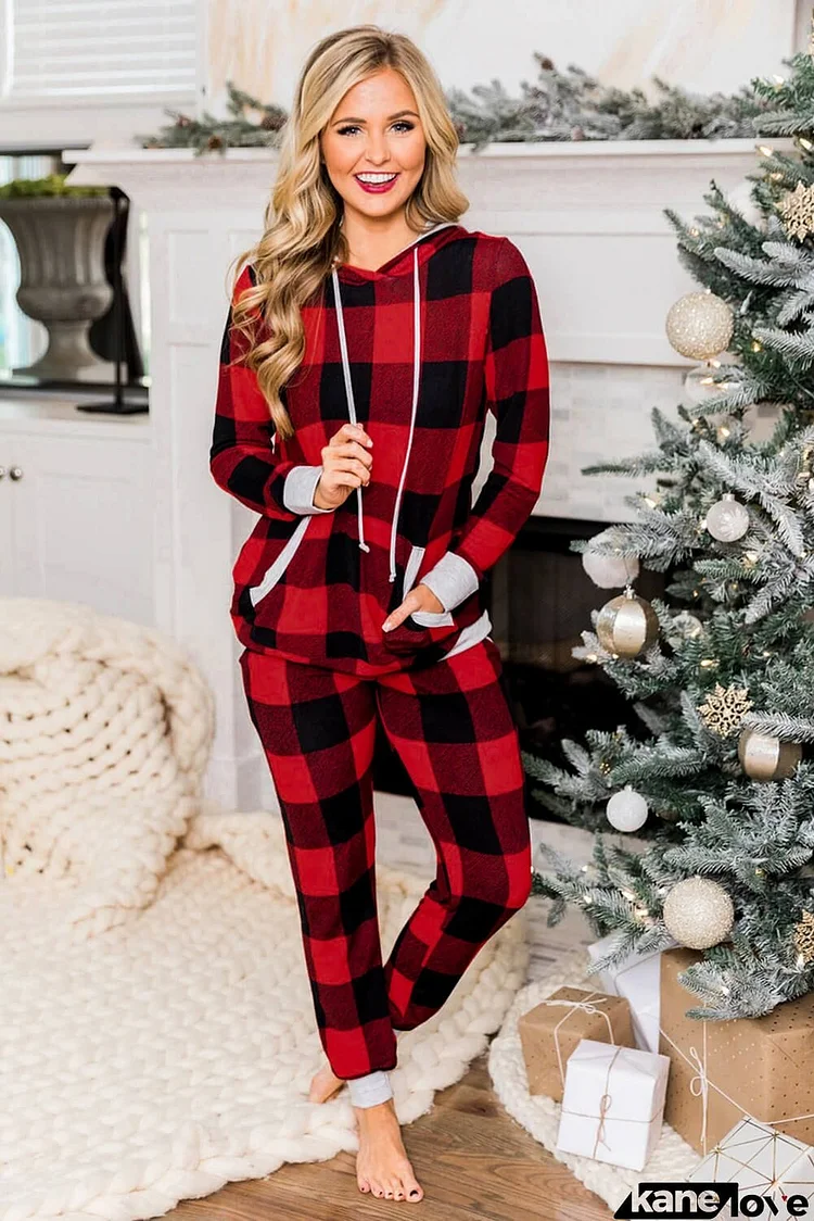 Plaid Pocket Drawstring Christmas Hooded Lounge Sets