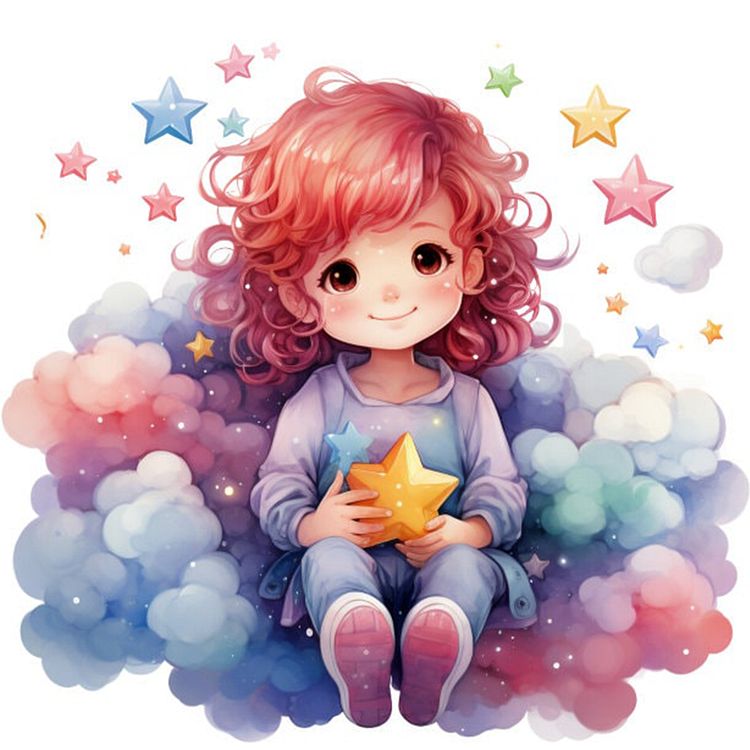 Fantasy Cartoon Little Girl With Clouds 14CT Stamped Cross Stitch 40*40CM