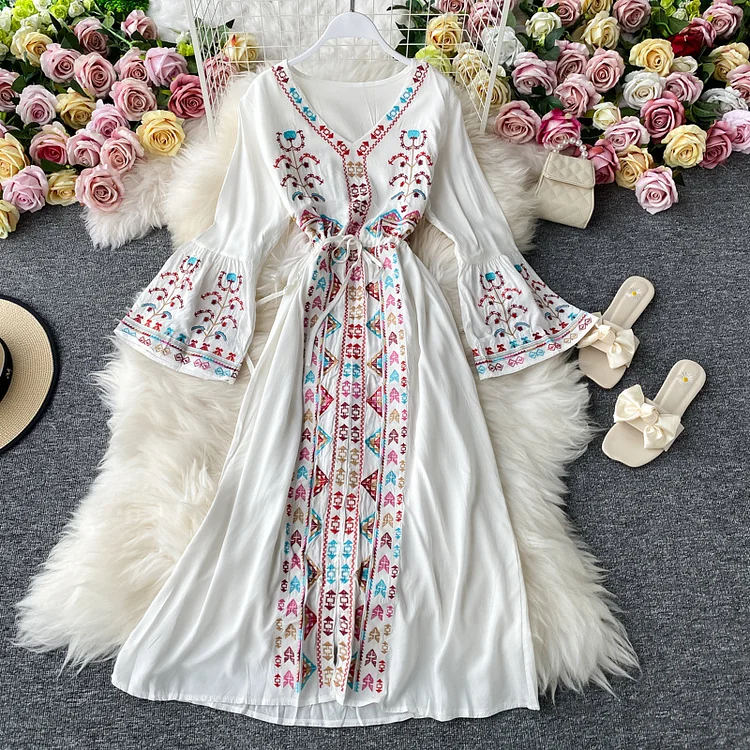 Women's Bohemian Dress Ethnic Embroidered Floral V-Neck Flared Sleeve Holiday Dress