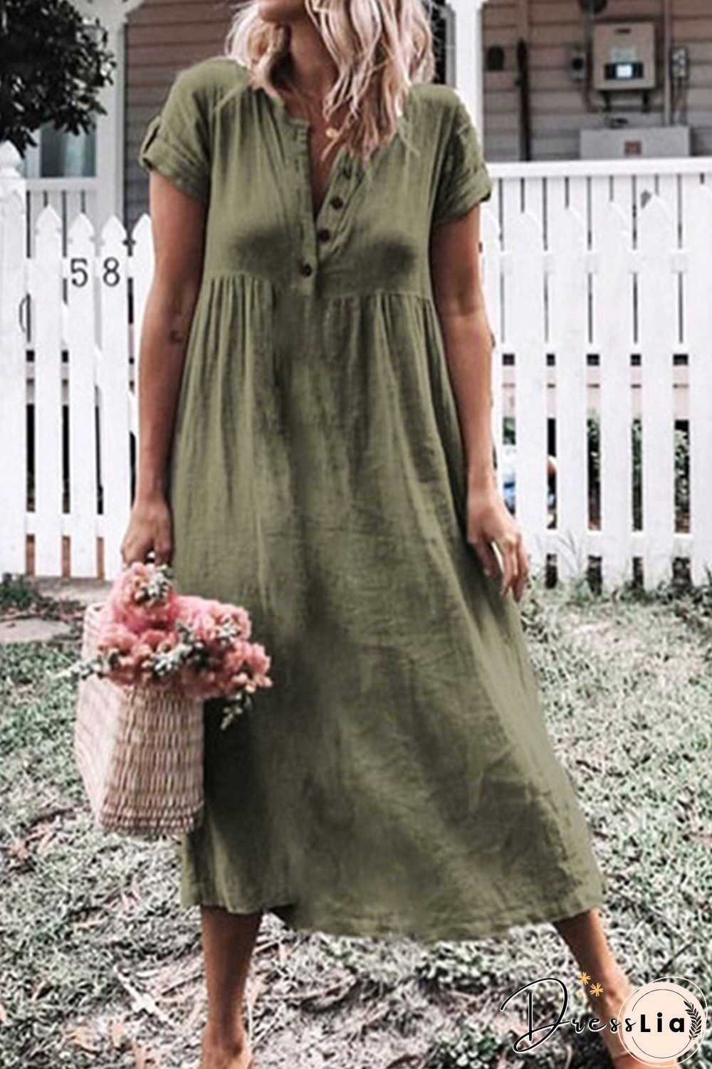 Casual Solid Buckle V Neck Straight Dresses(6 colors)