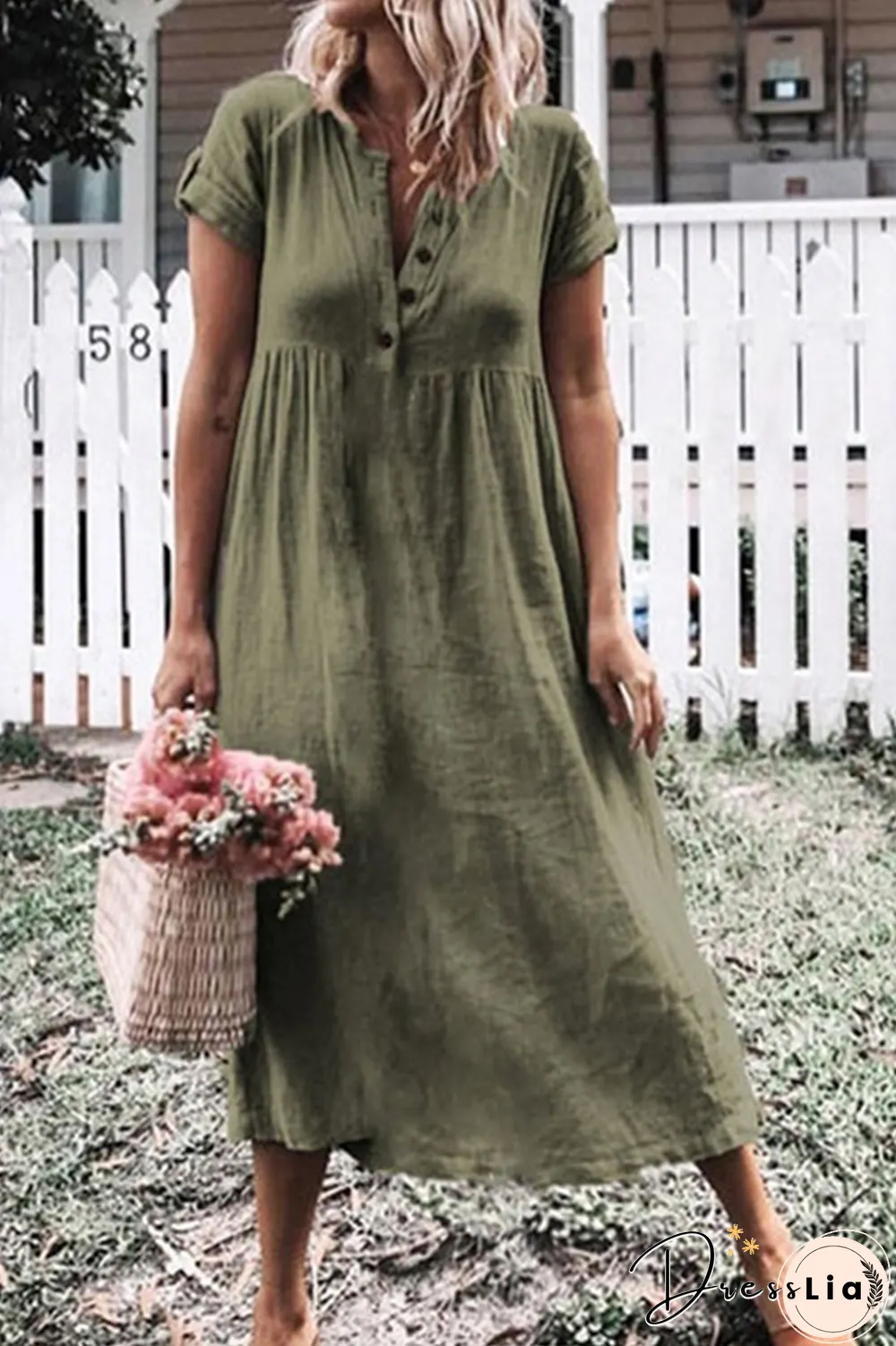 Casual Solid Buckle V Neck Straight Dresses(6 colors)
