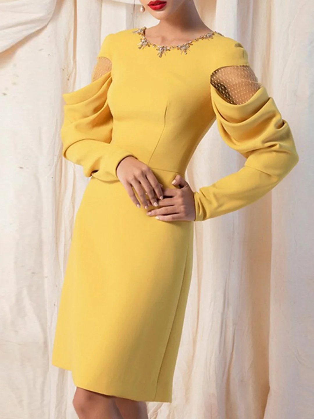 Beaded Mesh Elegant Midi Dress