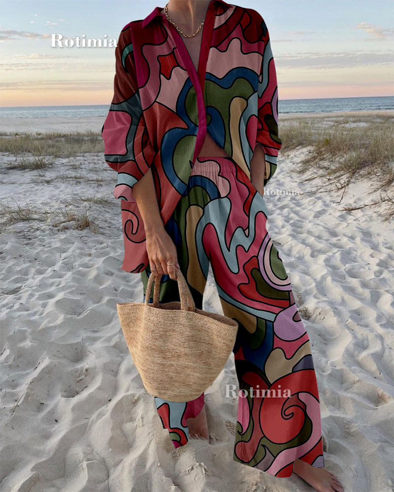 Colorful Print Shirt & Pants Two-Piece Set