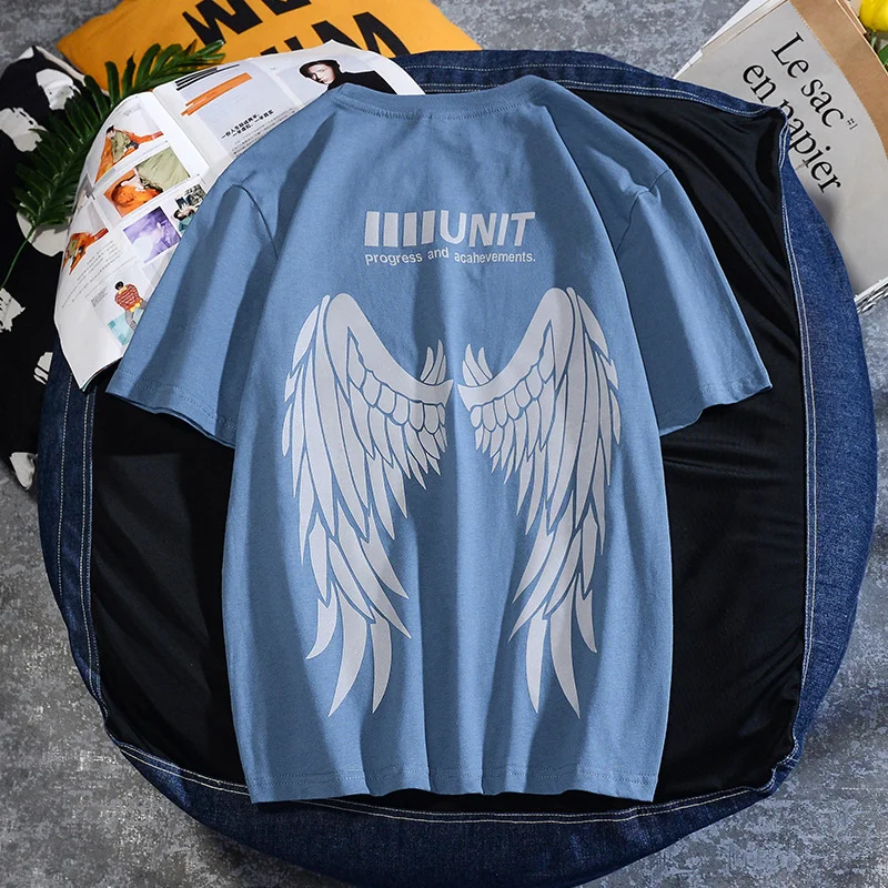  Reflective high street trend men's and women's round neck short-sleeved loose printed cotton top