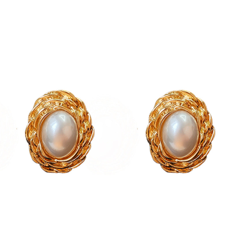 Mid-century Modern Ellipse Geometric Artificial Pearl Electroplating Earrings