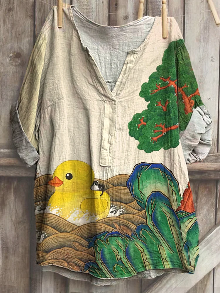 Japanese Art Ocean Cats Print Cotton Blend Shirt