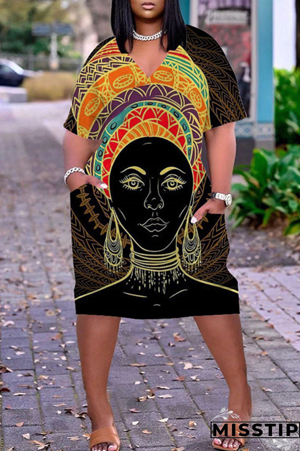 Blue Black Fashion Casual Print Basic V Neck Short Sleeve Dress