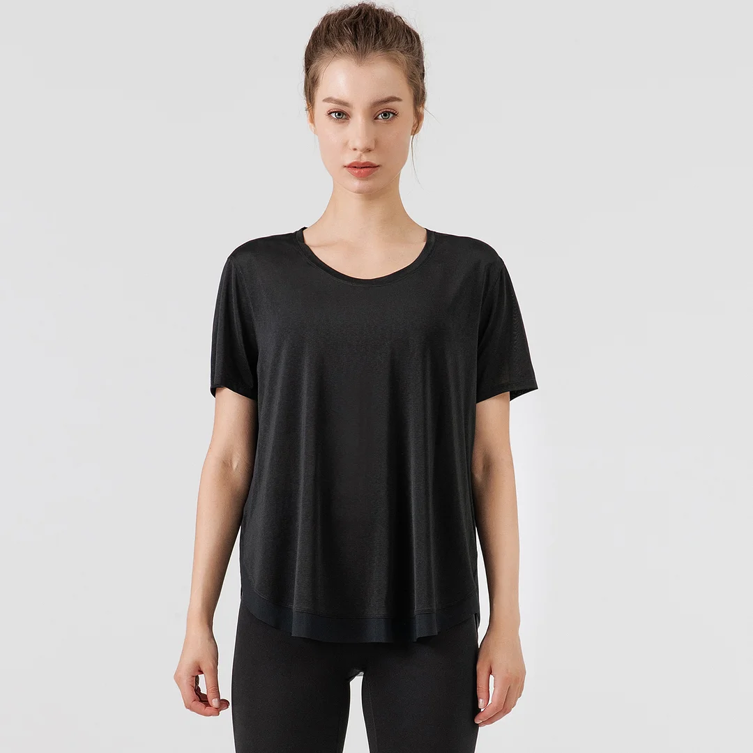 Hergymclothing Black short sleeve v sided split mesh breathable loose sports running t-shirt for sale
