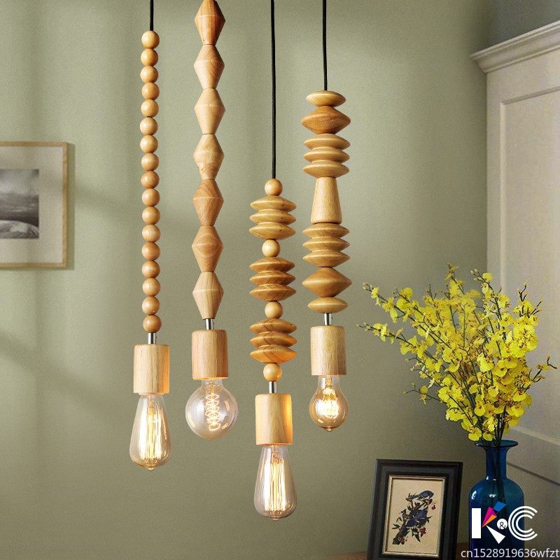 Retro Wooden Geometric Beads String Lights Hanging Pendant Lighting