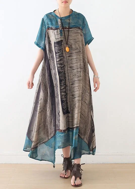 Bohemian Blue Print Button Vacation Summer Chiffon Dress