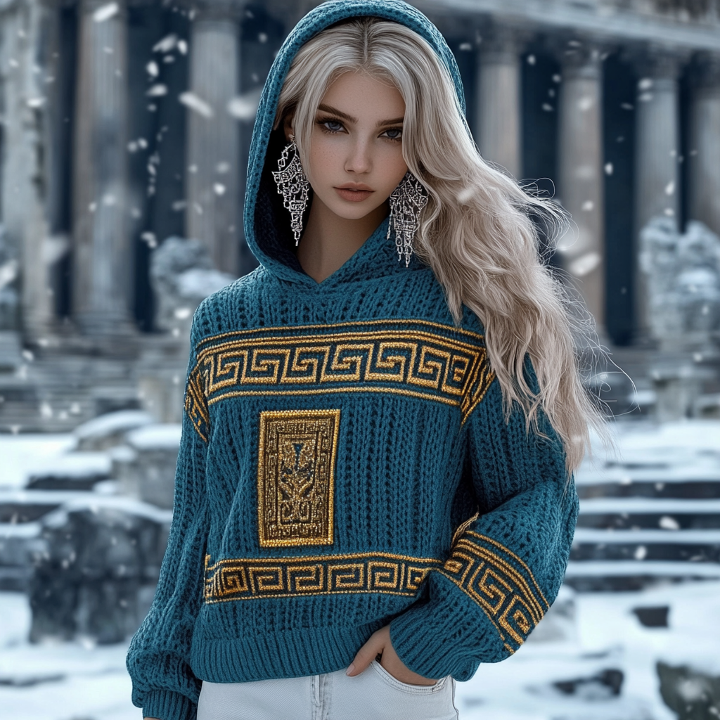 Vintage Greek Key Pattern Knitted Jacquard Hooded Sweater