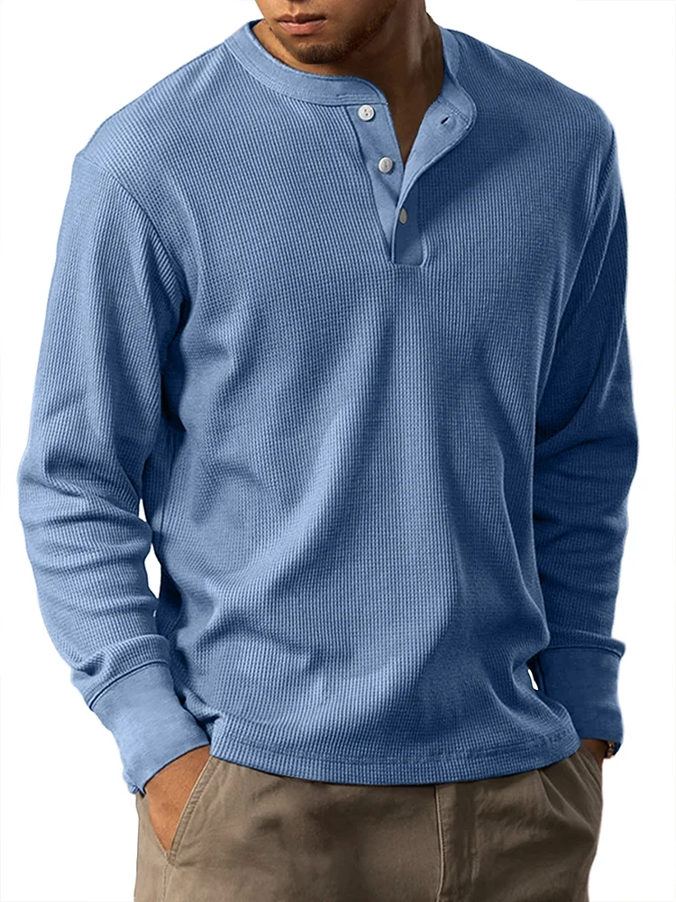 Men's Casual Waffle Solid Color Button Down Long Sleeve Henley