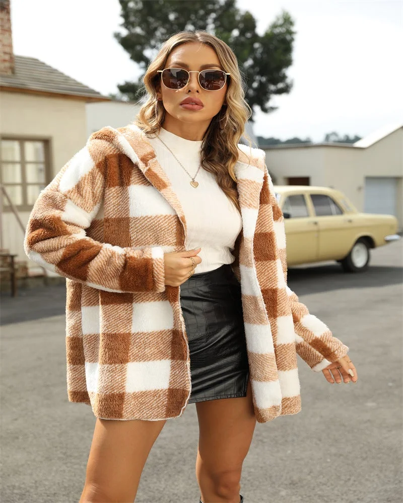 Fleece Hooded Plaid Cardigan Jacket For Women