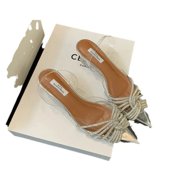 Wongn Wongn Summer New Korean Version Of Rhinestone Fine Belt Cross Crystal Shoes Pointed High Heel Sandals Fine Heel Women's Shoes Hot Style