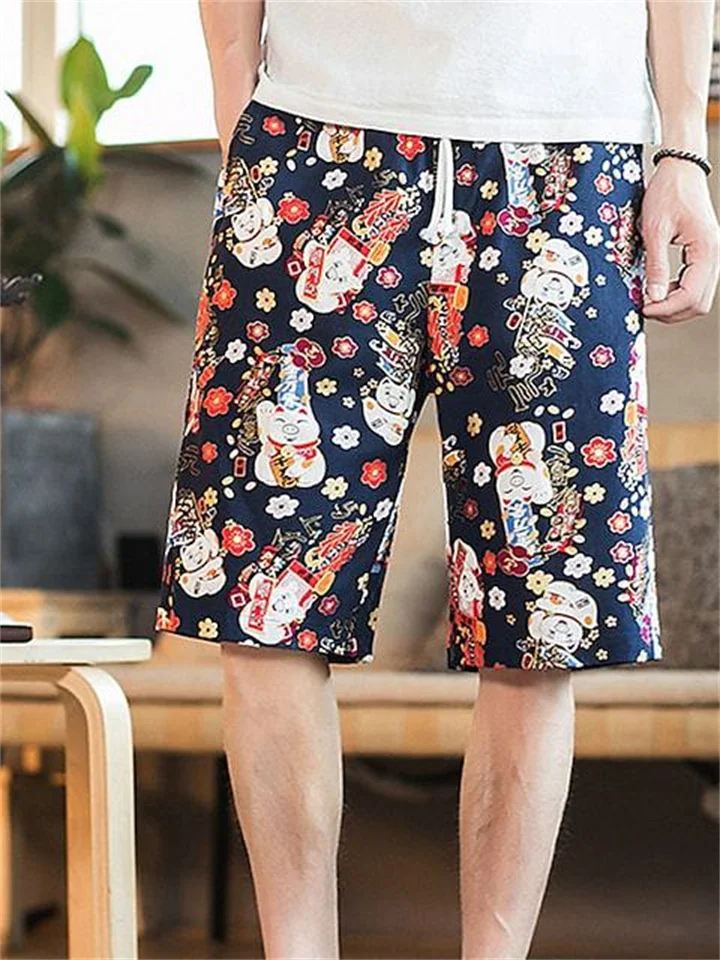 Men's Beach Shorts Drawstring Waist Straight Printed Shorts Blue Red | 168DEAL