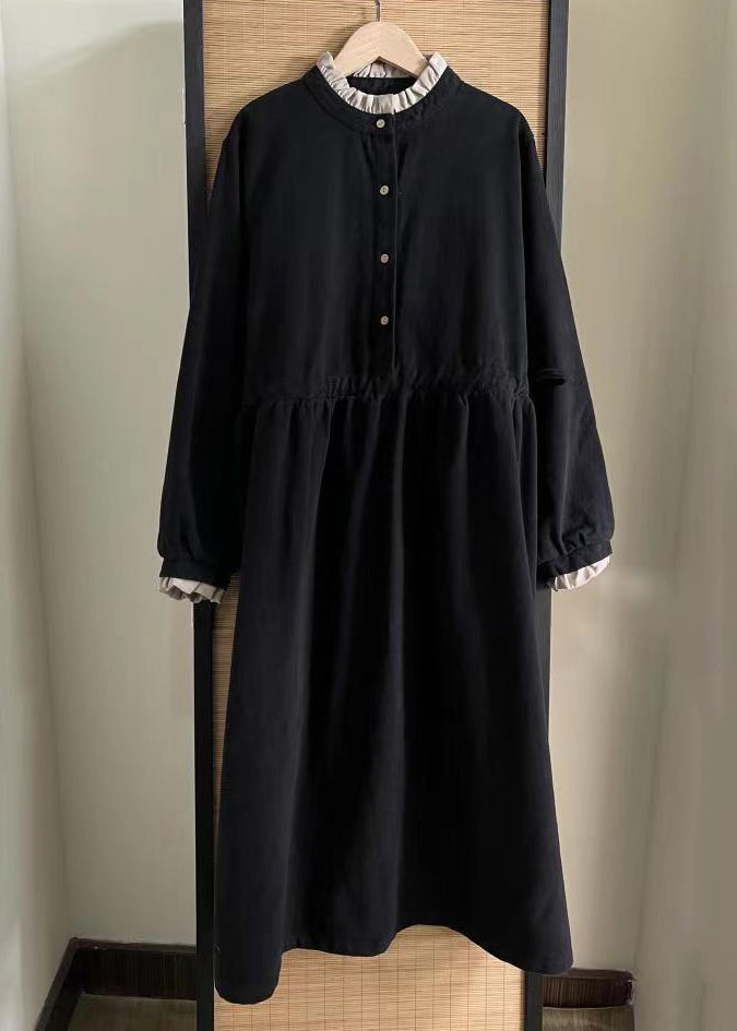 VCSHOES Loose Black Ruffled Button Cotton Long Dress Spring