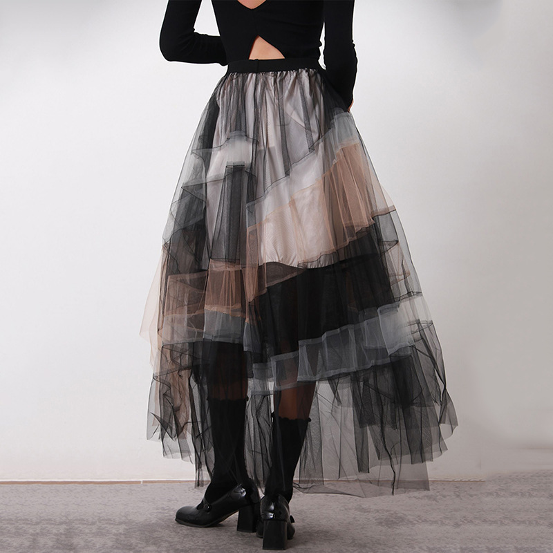 French Elegant Multi-Layer Patchwork Gradient Color Contrast Skirt Chic Asymmetrical Mesh Skirt Large Swing Tutu Skirt
