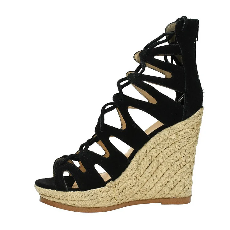 Black Vegan Suede Lace up Wedge Heels Peep Toe Platform Sandals |FSJ Shoes