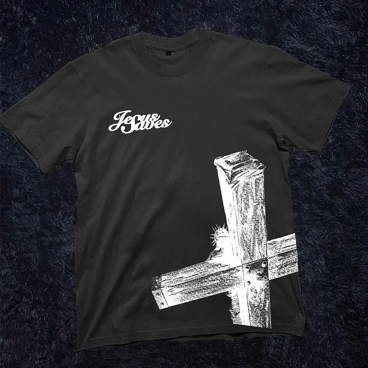 Jesus Saves Cross Print Graphic T-Shirt SOPULA