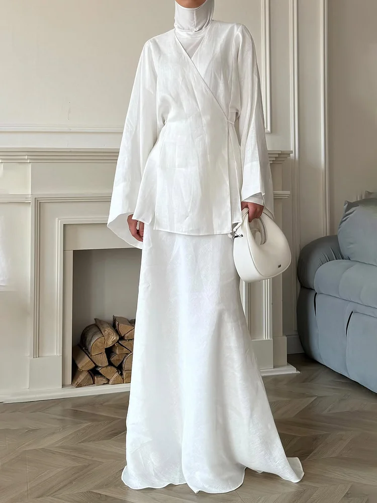 Elegant White Cotton Wrap - Style Top & Maxi Skirt Set