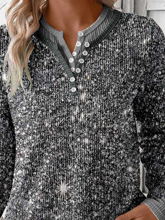 Women Long Sleeve V-neck Polka Dot Printed Graphic Button Fake 2in1 Tops