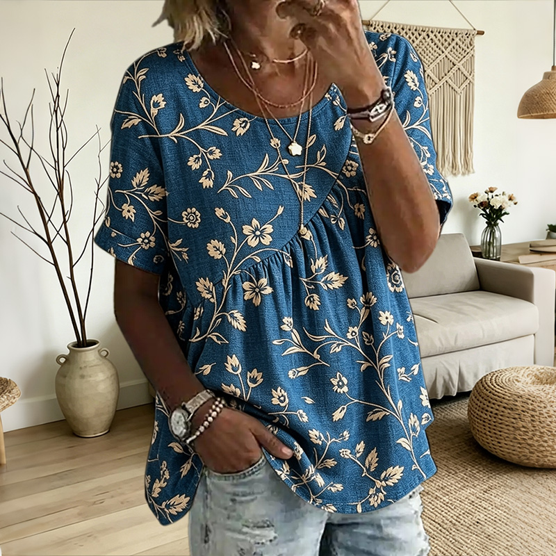 Comstylish Women's Vintage Irregular Pleated Floral Design Short Sleeves Round Neck Linen Tunic Top