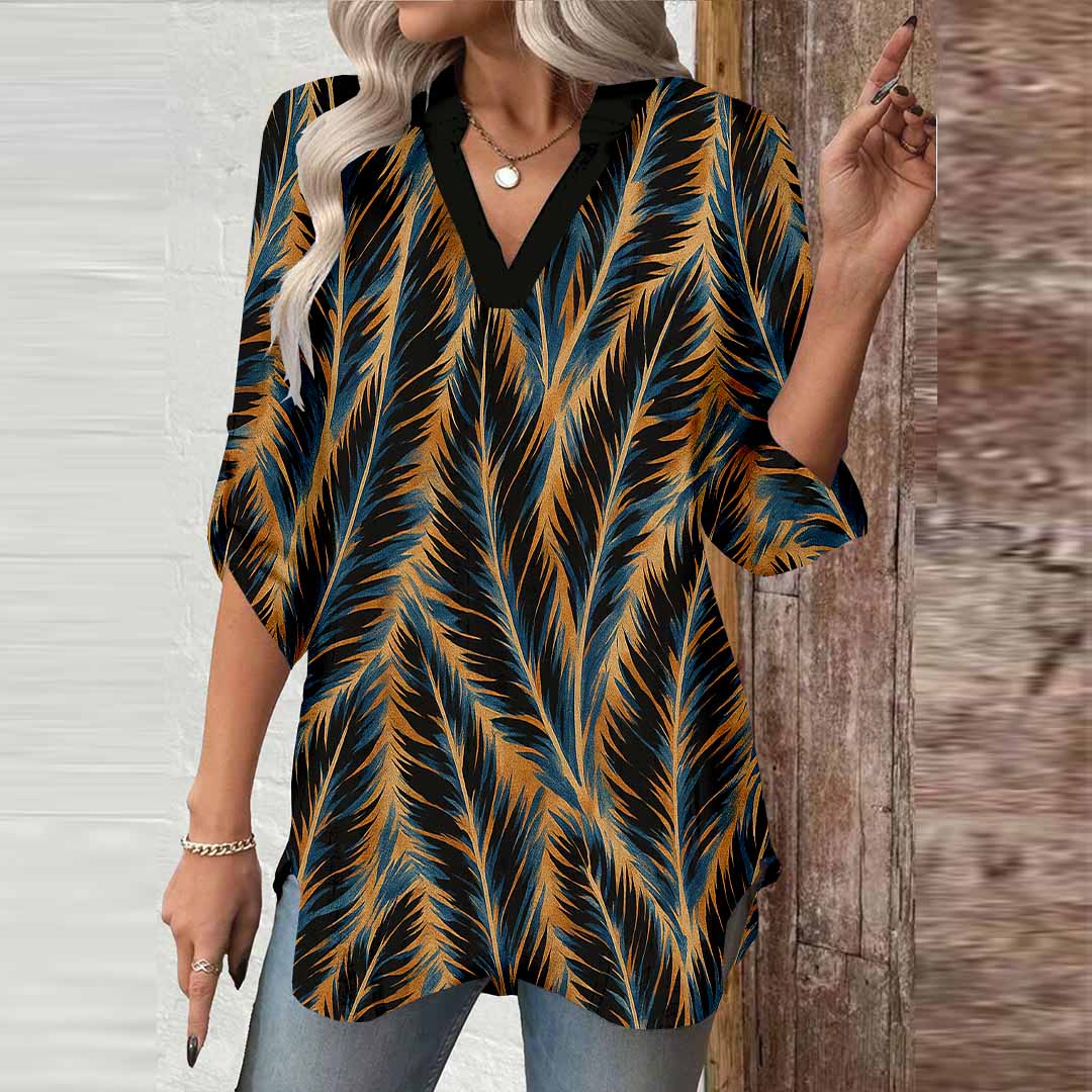 Women Textured, Colorful, Black DZGA0210 3/4 Sleeve V-neck Printed Graphic Button Tops