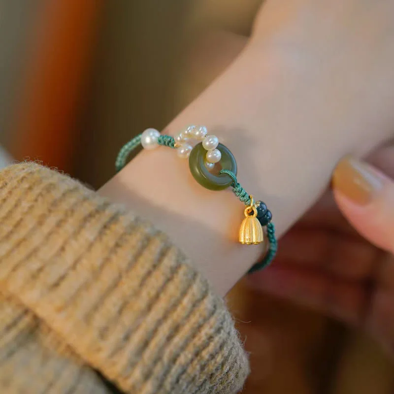 Natural Hetian Jade Peace Buckle Pearl Luck Handcrafted Braided Bracelet