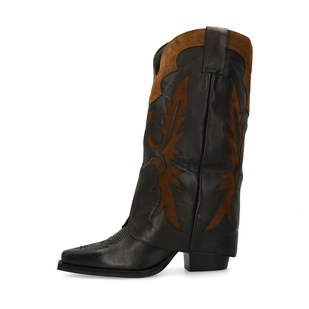 Fold Over Brown & Black Patchwork Pull On Pointed Toe Cowgirl Boots