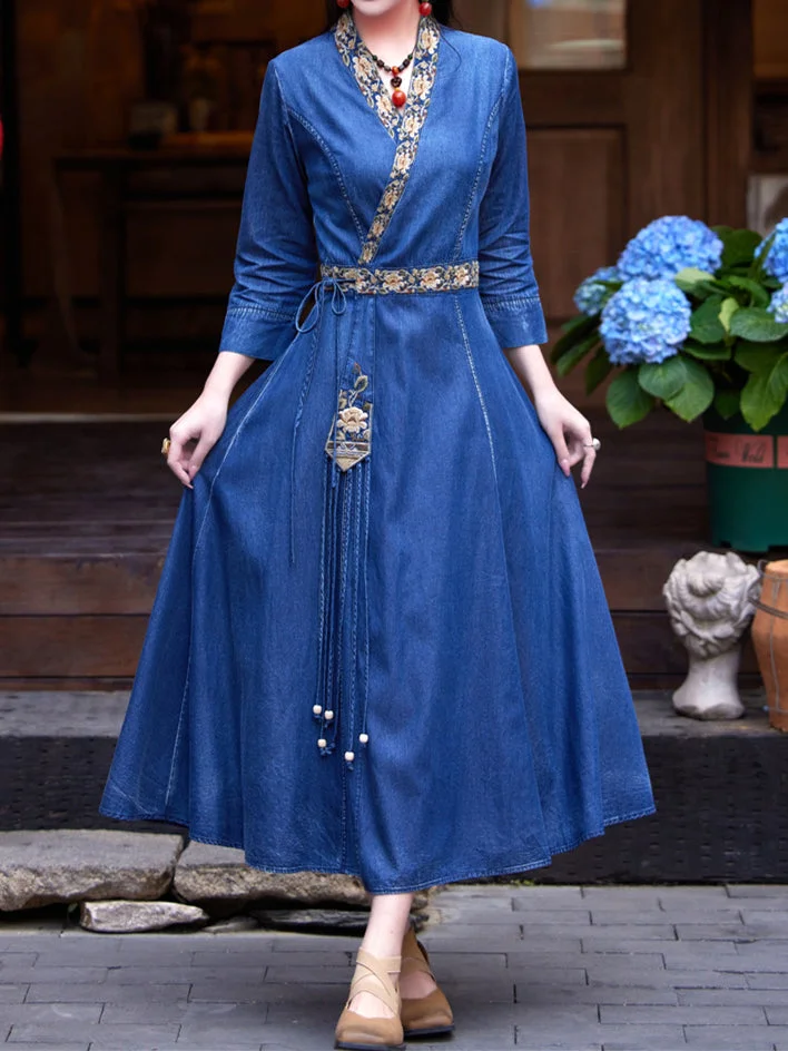 Women's Denim Long Sleeve V-neck Dress