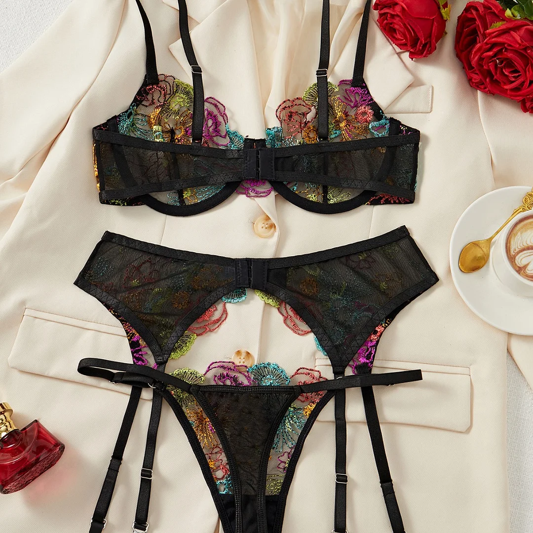 Uaang Autumn New Transparent Seduction Color Embroidery Mesh Splicing Sexy Lingerie Three Sets