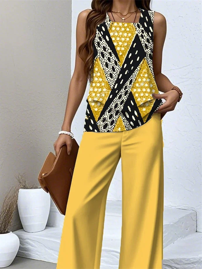 Women's Sleeveless Square Collar Graphic Printed Casual Set