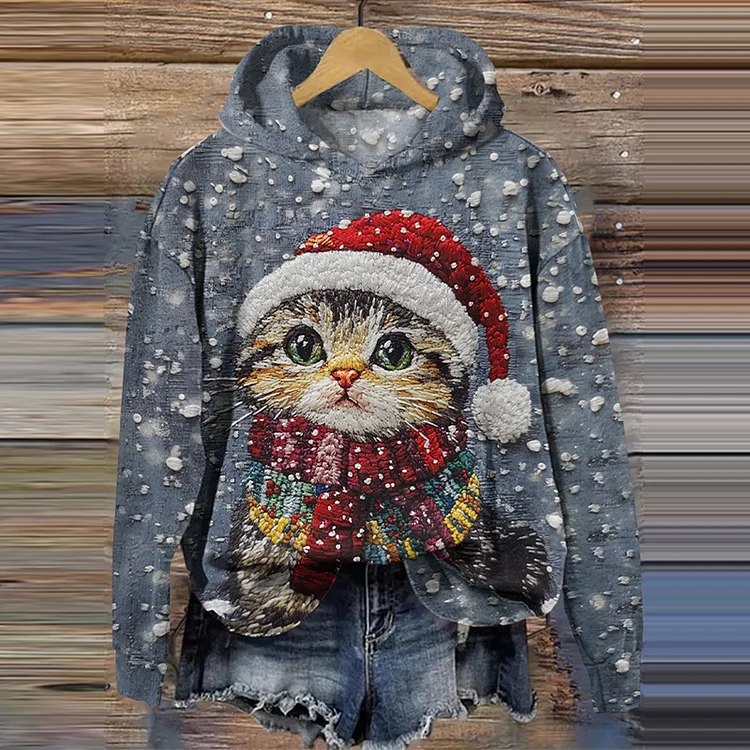 Christmas Cat Print Long Sleeve Casual Hoodie